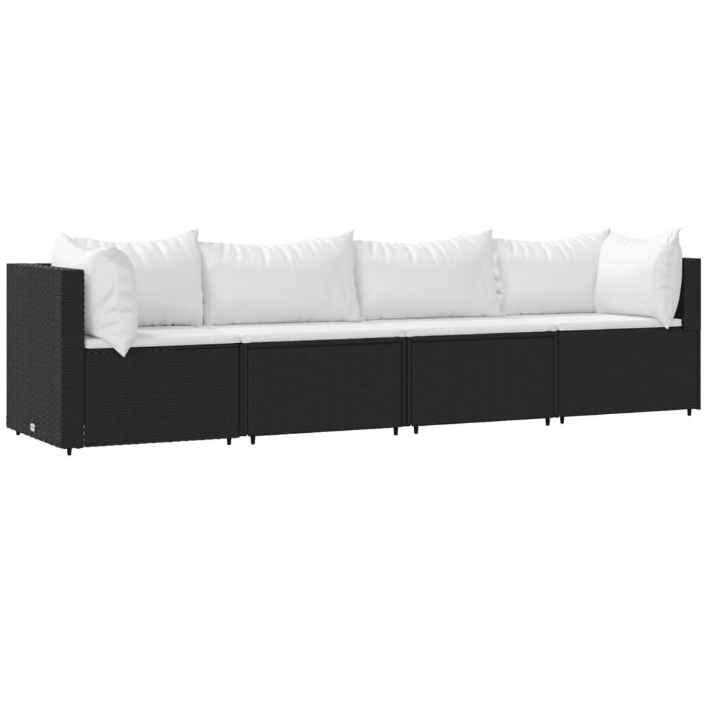 4-tlg. Garten-Lounge-Set mit Kissen Schwarz Poly Rattan