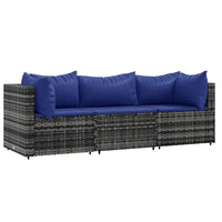 Thumbnail for 3-tlg. Garten-Lounge-Set mit Kissen Grau Poly Rattan