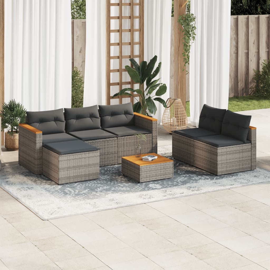 5-tlg. Garten-Sofagarnitur mit Kissen Grau Poly Rattan Akazie