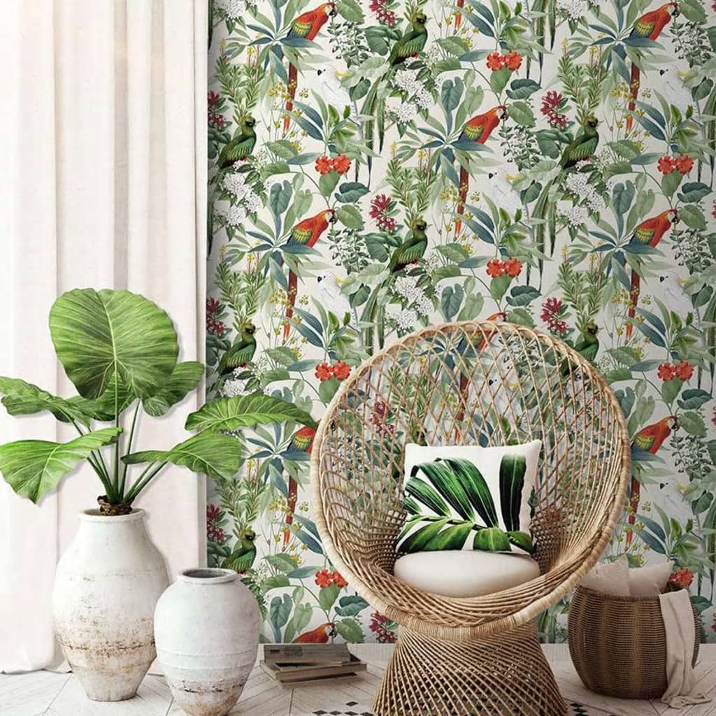 DUTCH WALLCOVERINGS Tapete Tropisches Vogel-Motiv Weiß und Grün