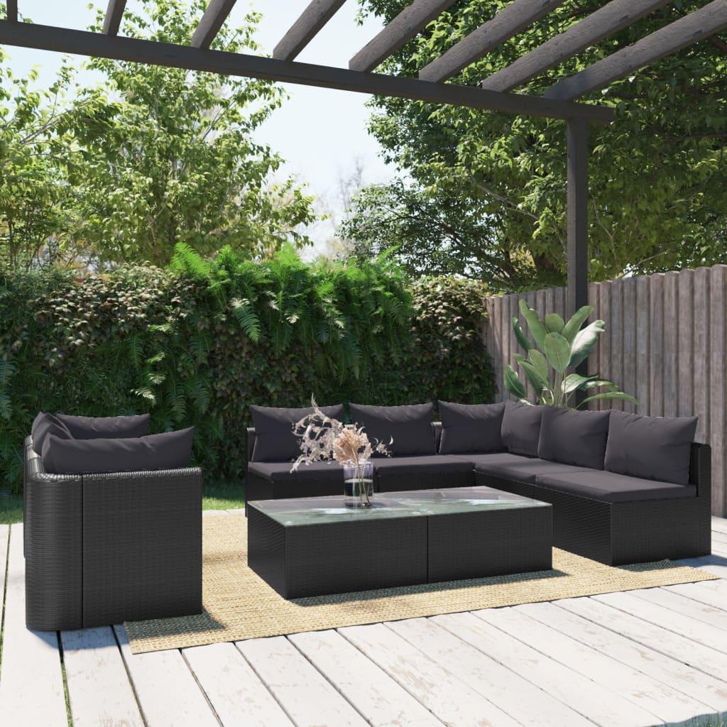 9-tlg. Garten-Lounge-Set mit Auflagen Poly Rattan Schwarz