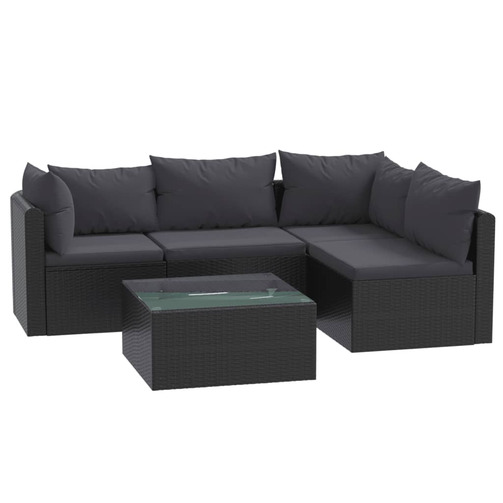 5-tlg. Garten-Lounge-Set mit Auflagen Poly Rattan Schwarz