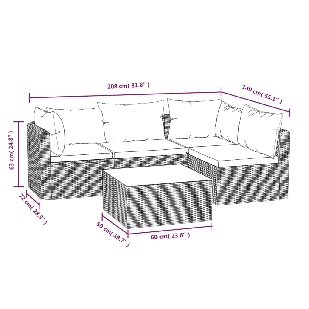 5-tlg. Garten-Lounge-Set mit Auflagen Poly Rattan Schwarz