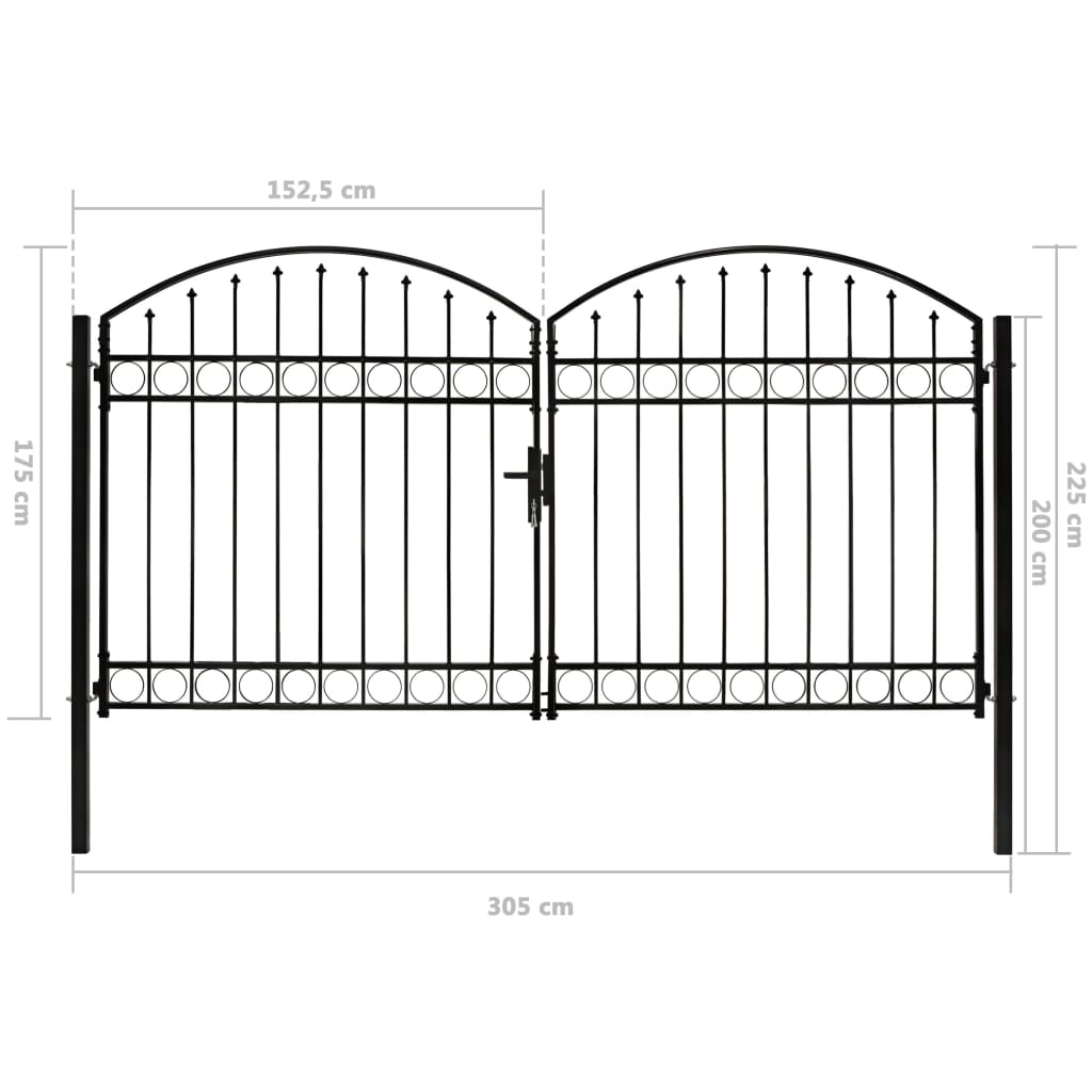 Zauntor Doppelflügel Gewölbte Spitze Stahl 300x175 cm Schwarz