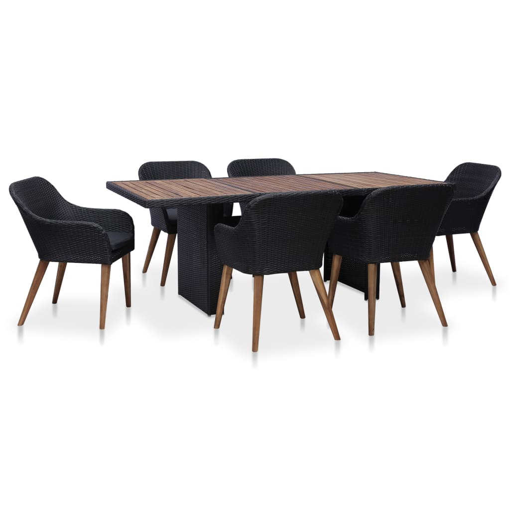 7-tlg. Garten-Essgruppe mit Auflagen Poly Rattan Schwarz