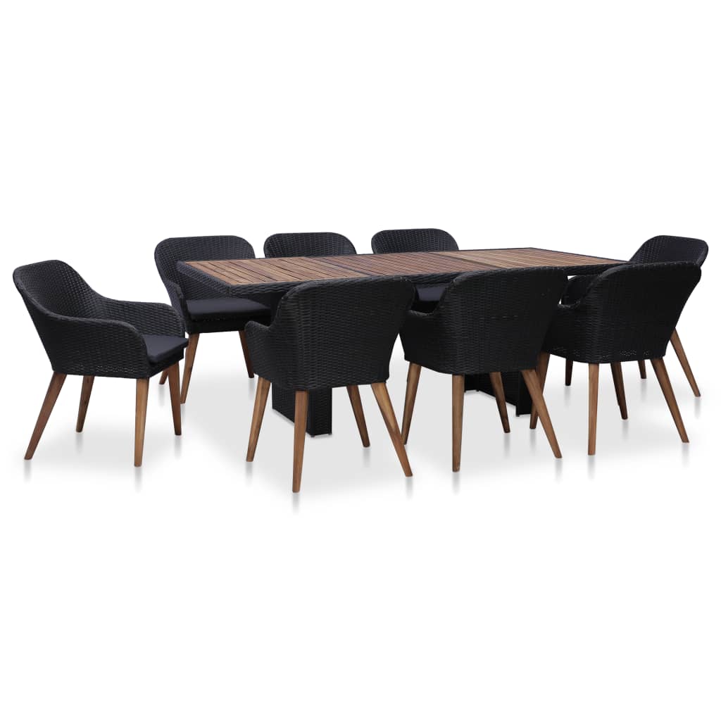 9-tlg. Garten-Essgruppe mit Auflagen Poly Rattan Schwarz