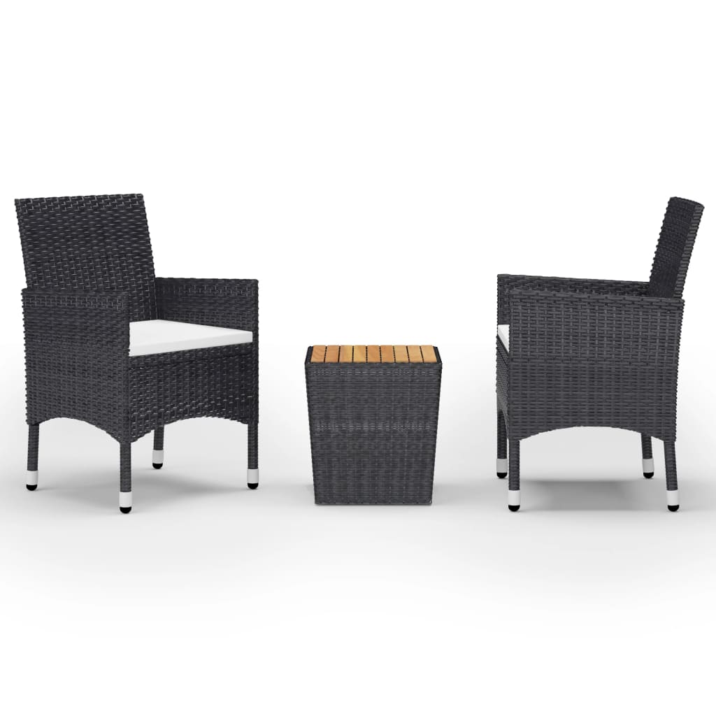 3-tlg. Bistro-Set Poly Rattan und Akazienholz Schwarz