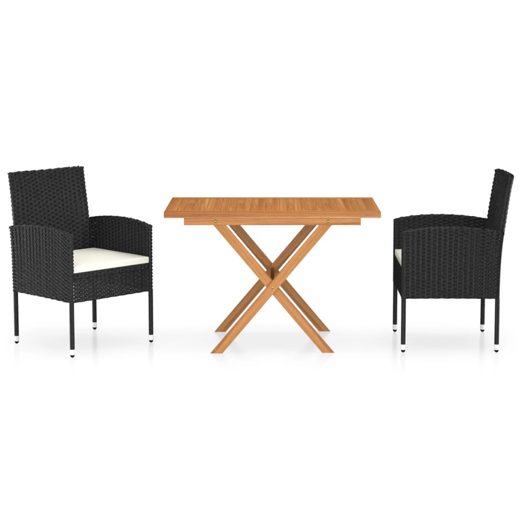 3-tlg. Garten-Essgruppe Poly Rattan & Massivholz Akazie Schwarz