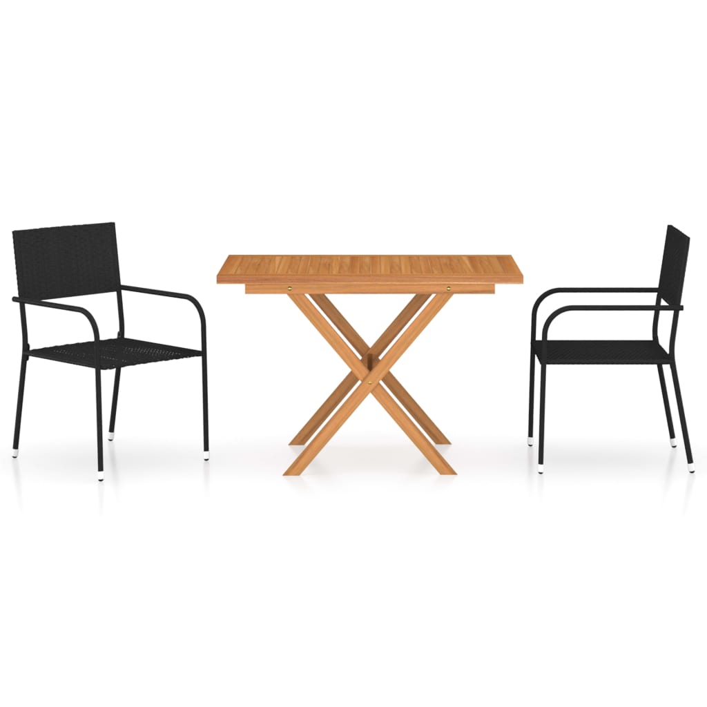 3-tlg. Garten-Essgruppe Poly Rattan & Massivholz Akazie Schwarz