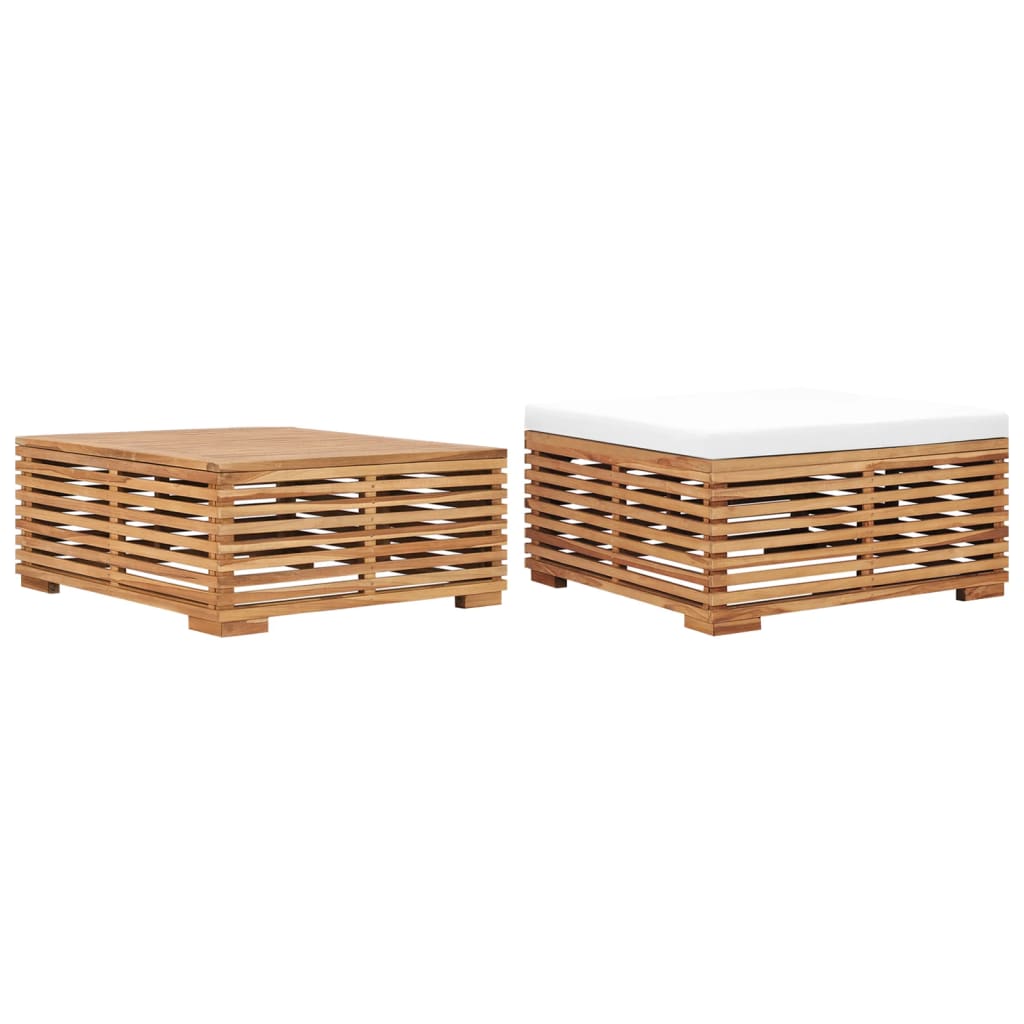 Gartentisch und Fußhocker Set mit Creme Kissen Teak Massivholz