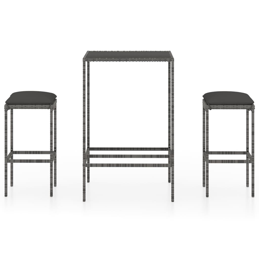 3-tlg. Gartenbar-Set mit Kissen Poly Rattan Grau