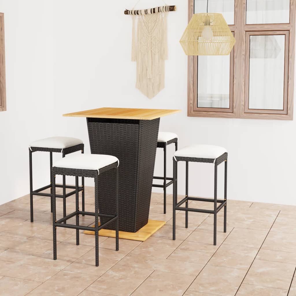 5-tlg. Gartenbar-Set mit Kissen Poly Rattan Schwarz