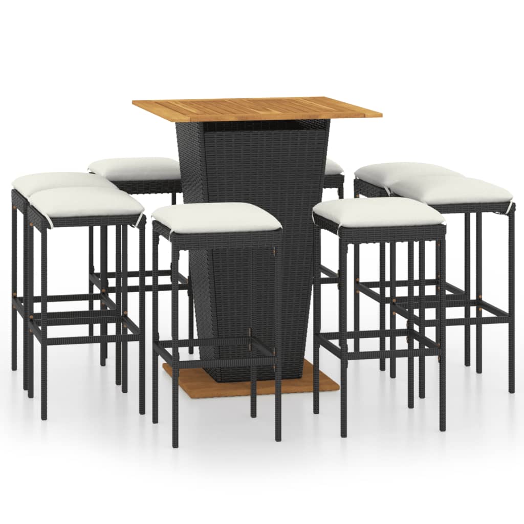 9-tlg. Gartenbar-Set mit Kissen Poly Rattan Schwarz