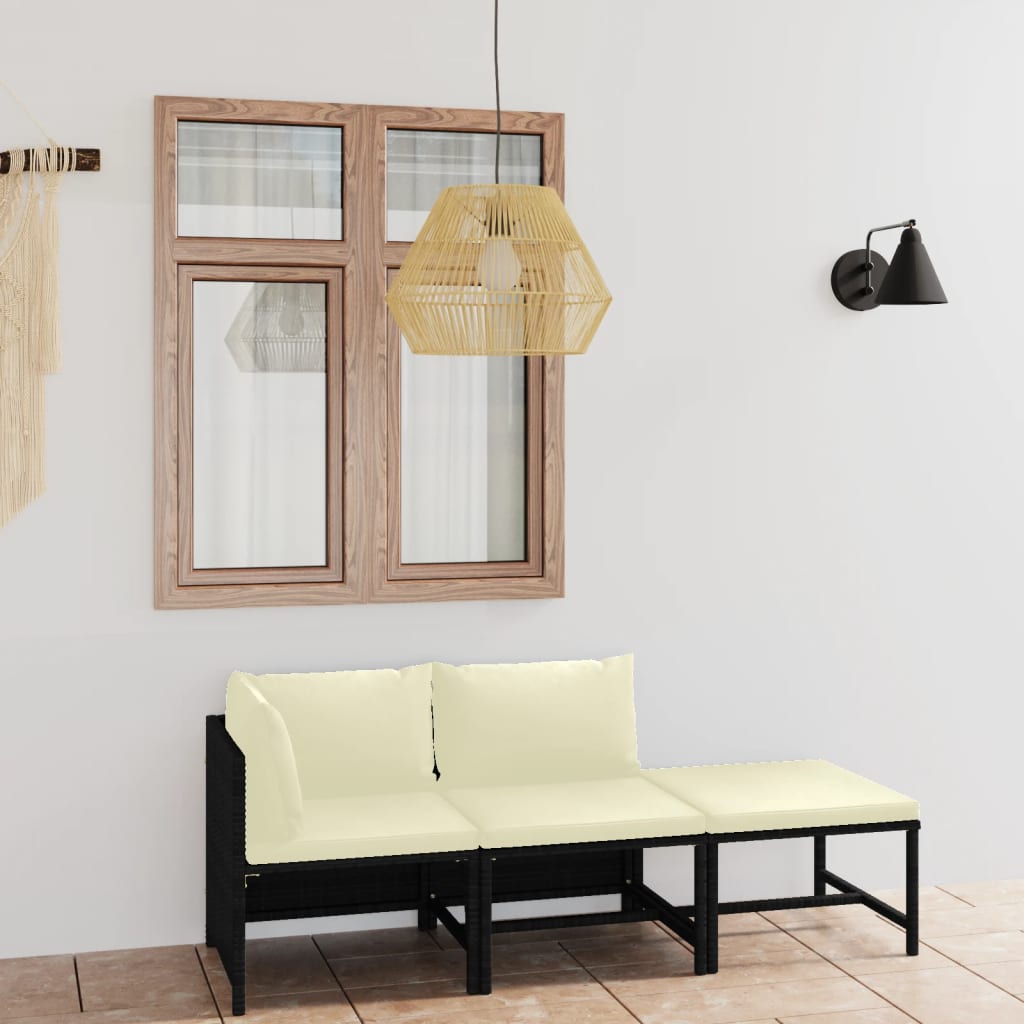 3-tlg. Garten-Lounge-Set mit Kissen Poly Rattan Schwarz