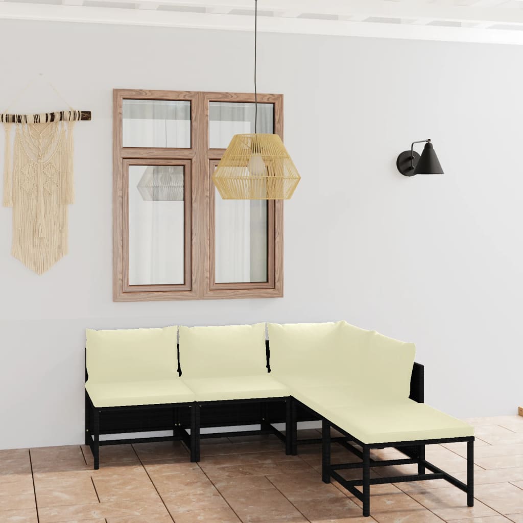 5-tlg. Garten-Lounge-Set mit Kissen Poly Rattan Schwarz