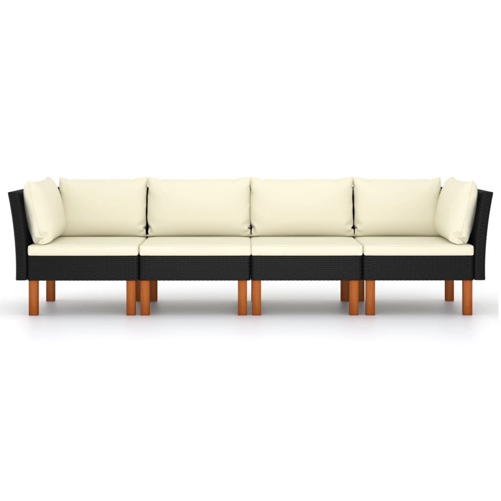 4-Sitzer-Gartensofa mit Kissen Schwarz Poly Rattan