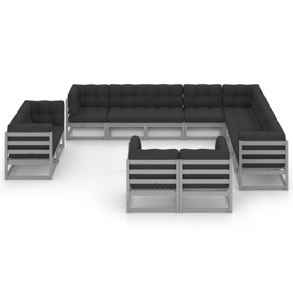 12-tlg. Garten-Lounge-Set mit Kissen Grau Kiefer Massivholz