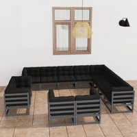 Thumbnail for 12-tlg. Garten-Lounge-Set mit Kissen Grau Kiefer Massivholz
