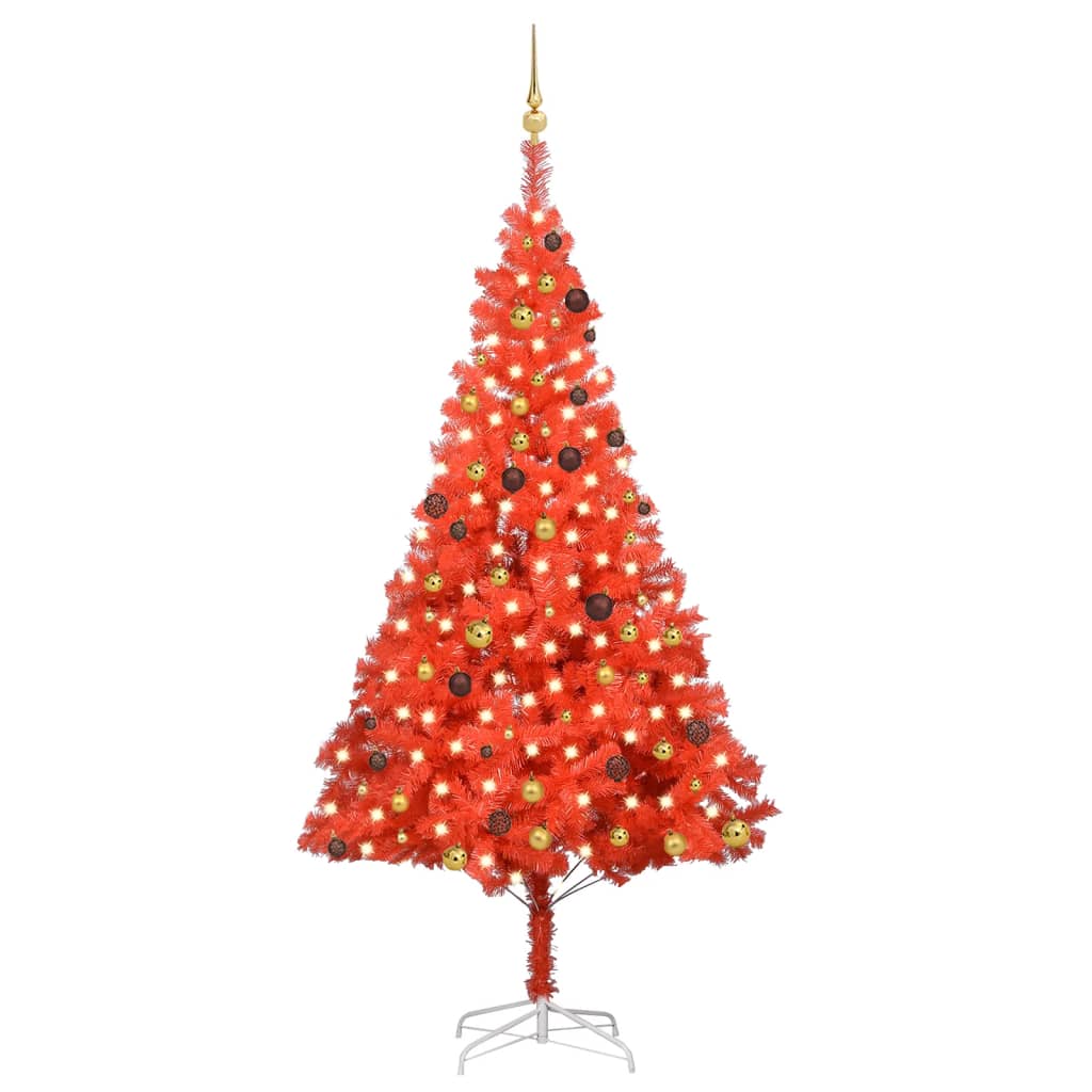 Künstlicher Weihnachtsbaum mit LEDs & Kugeln Rot 240cm PVC