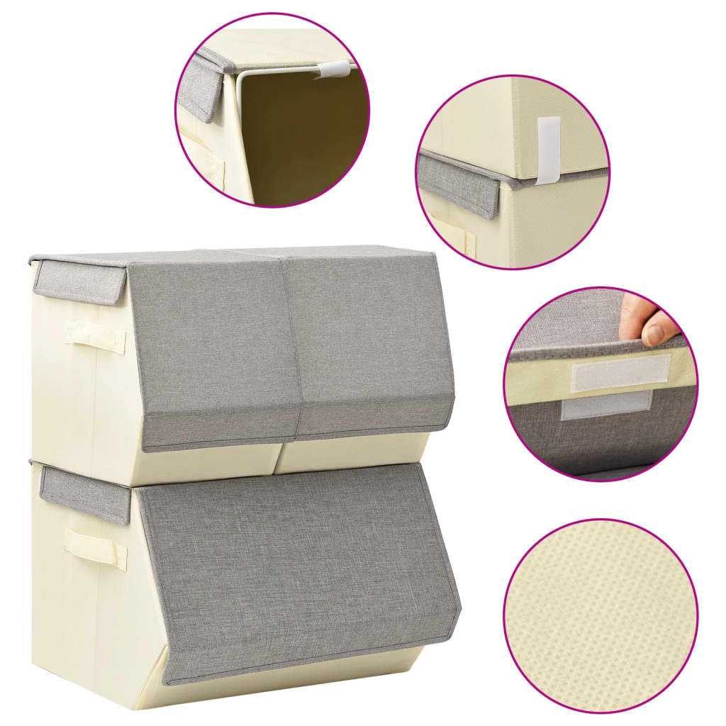 3-tlg. Aufbewahrungsboxen-Set Stapelbar Stoff Grau & Creme