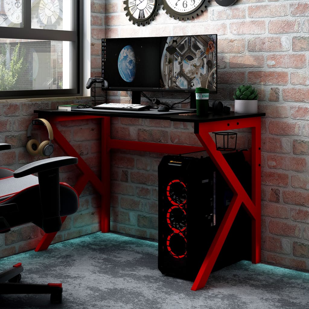 Gaming Schreibtisch mit K-Gestell Schwarz und Rot 110x60x75 cm
