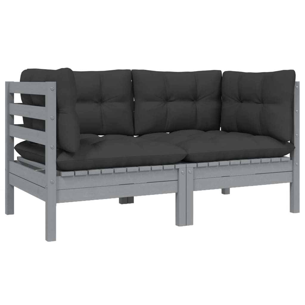 2-Sitzer-Gartensofa mit Kissen Grau Massivholz Kiefer