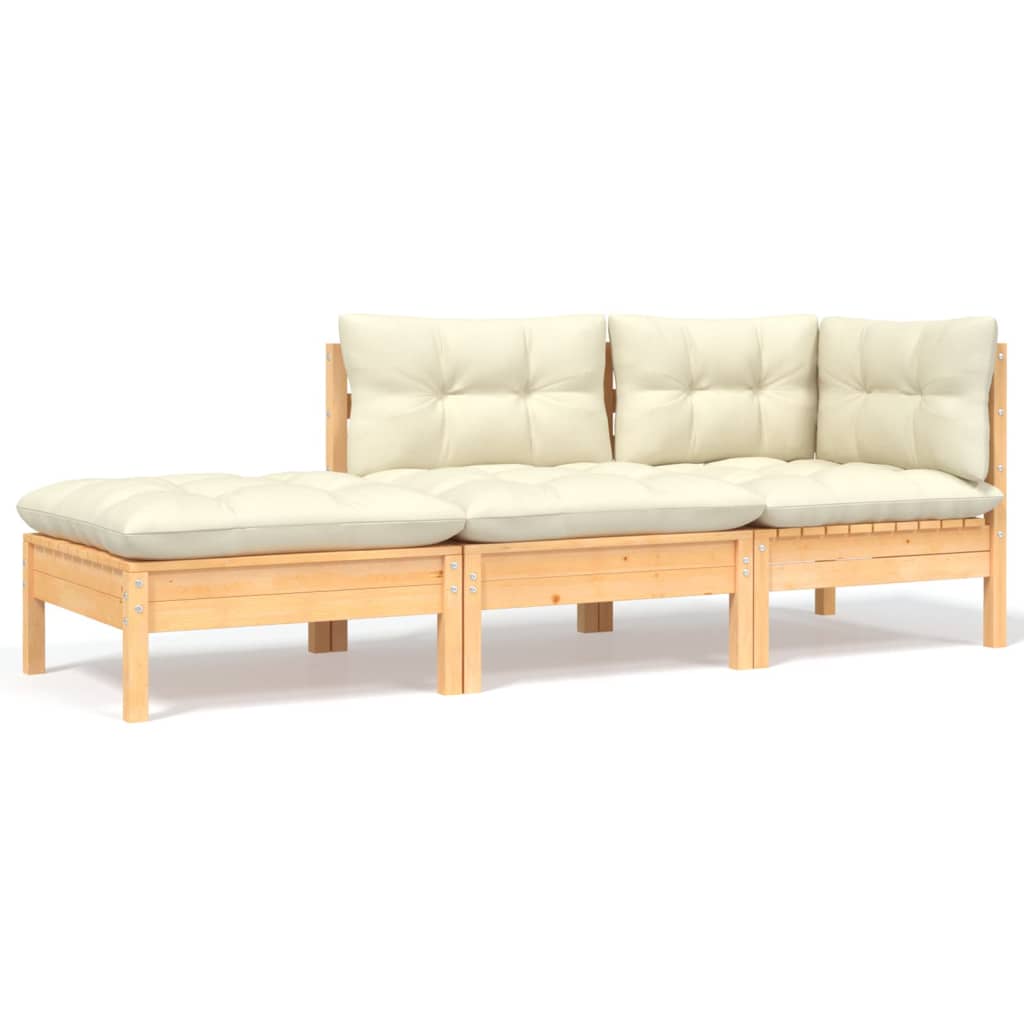 3-tlg. Garten-Lounge-Set mit Kissen Creme Massivholz Kiefer