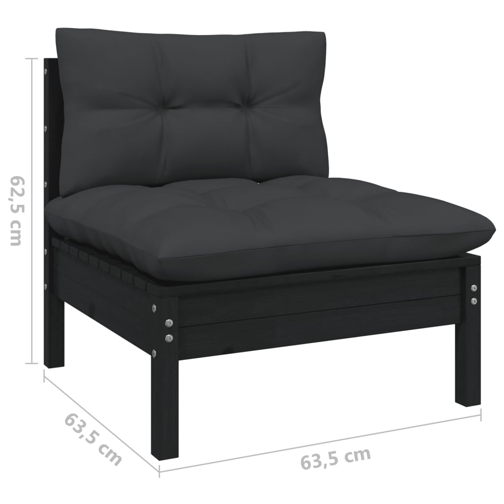 3-tlg. Garten-Lounge-Set mit Kissen Schwarz Massivholz Kiefer