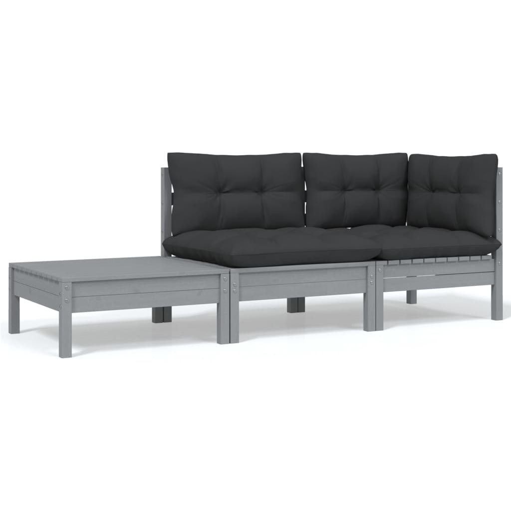 3-tlg. Garten-Lounge-Set mit Kissen Grau Kiefer Massivholz