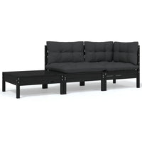 Thumbnail for 3-tlg. Garten-Lounge-Set mit Kissen Schwarz Kiefer Massivholz