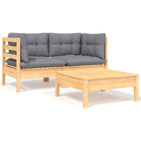 Thumbnail for 3-tlg. Garten-Lounge-Set mit Grauen Kissen Kiefer Massivholz