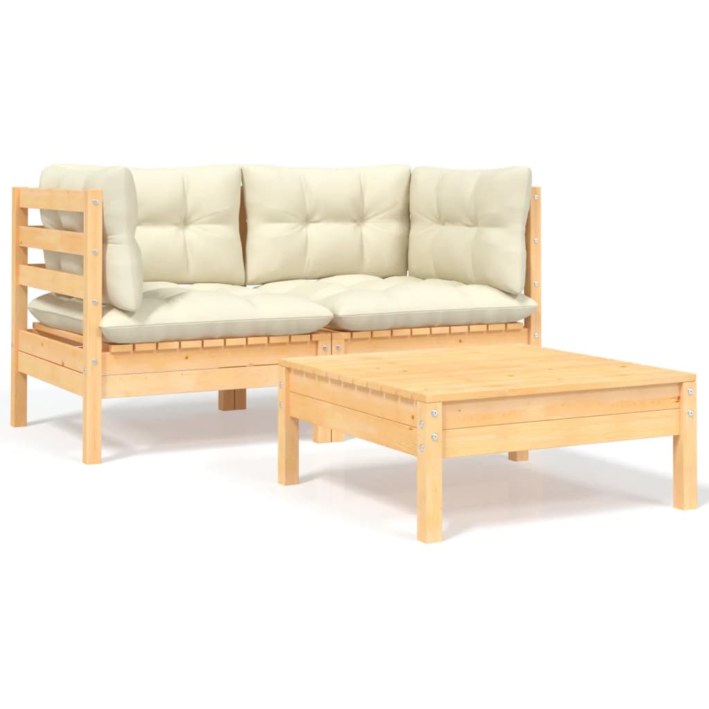3-tlg. Garten-Lounge-Set mit Creme Kissen Massivholz Kiefer