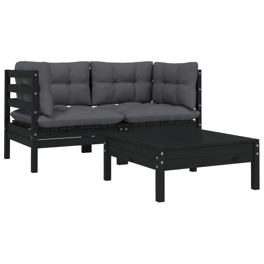 3-tlg. Garten-Lounge-Set mit Kissen Schwarz Kiefer Massivholz