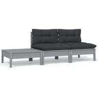 Thumbnail for 3-tlg. Garten-Lounge-Set mit Kissen Grau Kiefer Massivholz