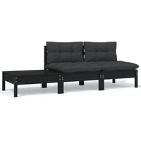 Thumbnail for 3-tlg. Garten-Lounge-Set mit Kissen Schwarz Kiefer Massivholz
