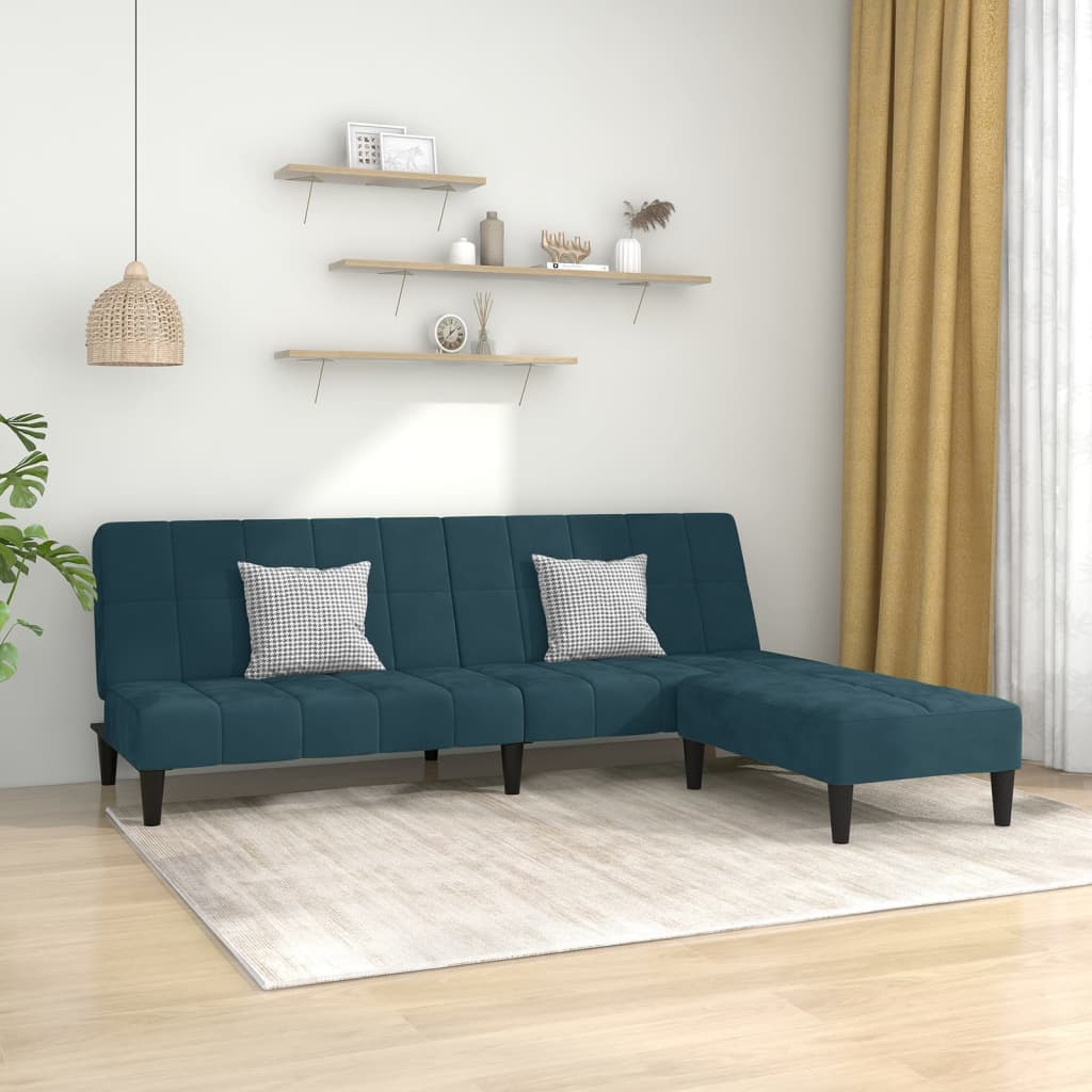 Schlafsofa 2-Sitzer mit Hocker Blau Samt