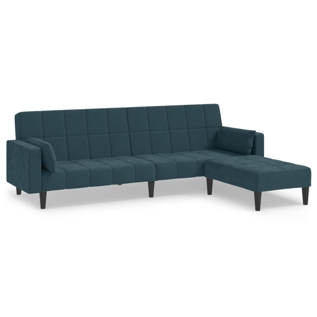 Schlafsofa 2-Sitzer mit 2 Kissen & Hocker Blau Samt