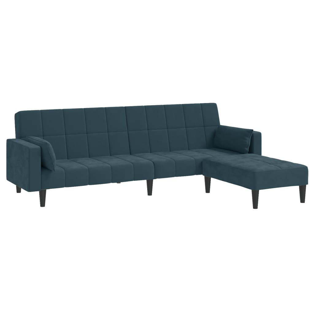 Schlafsofa 2-Sitzer mit 2 Kissen & Hocker Blau Samt