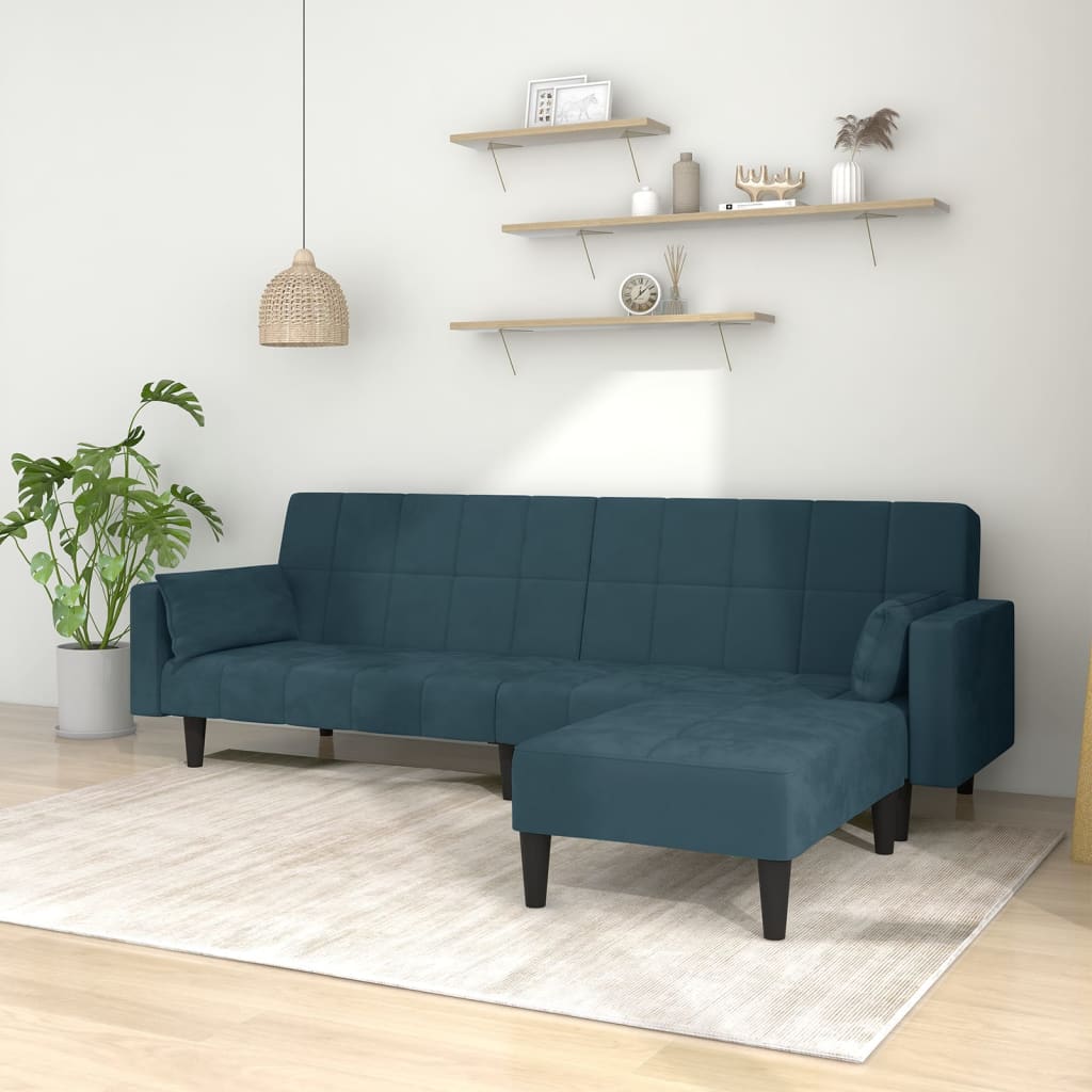Schlafsofa 2-Sitzer mit 2 Kissen & Hocker Blau Samt