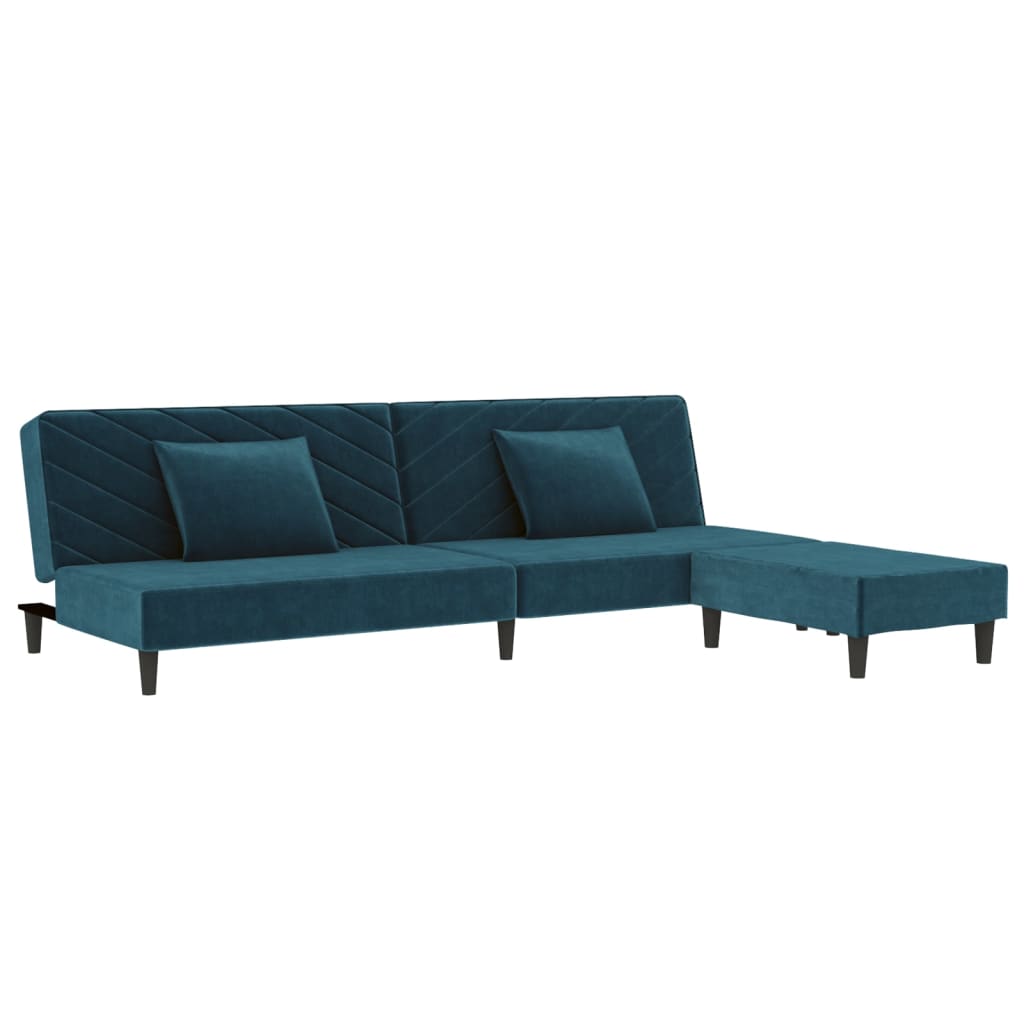 Schlafsofa 2-Sitzer mit 2 Kissen und Fußhocker Blau Samt