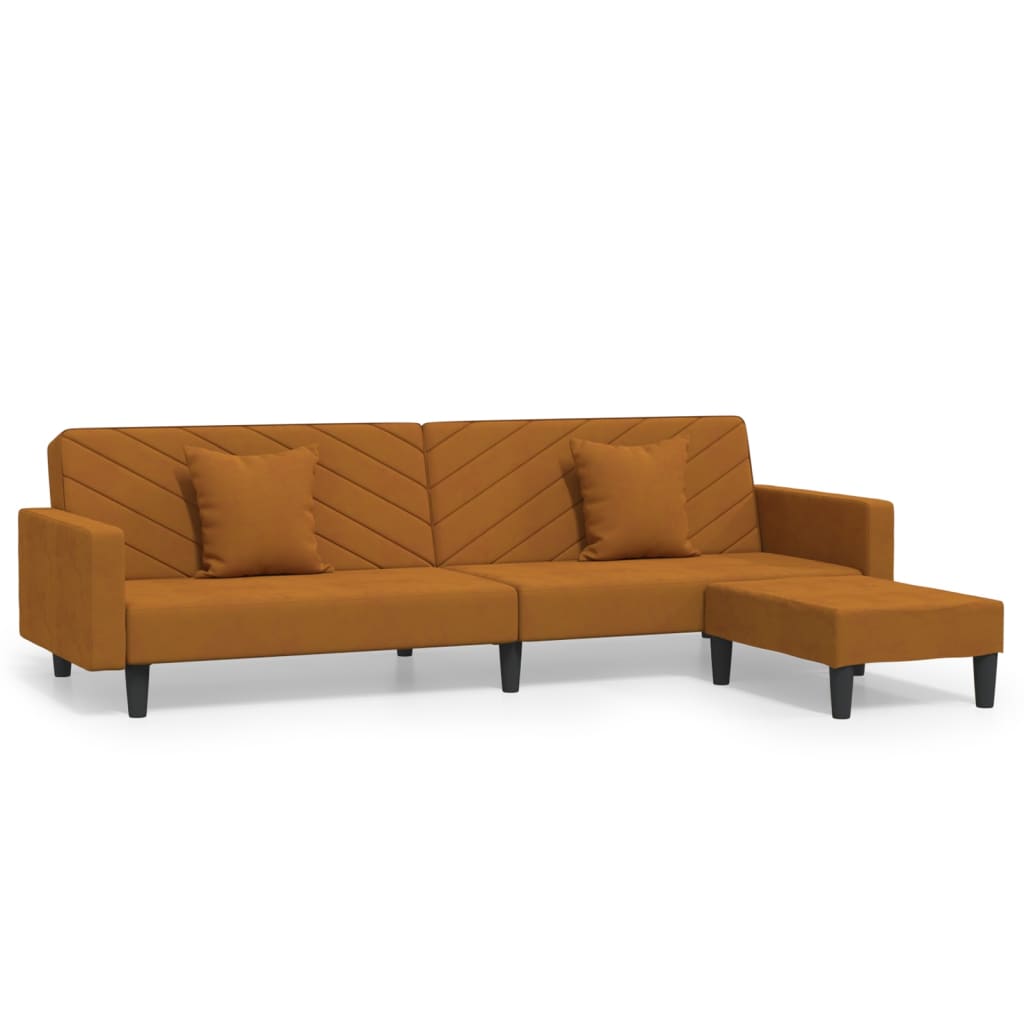 Schlafsofa 2-Sitzer mit 2 Kissen und Fußhocker Braun Samt