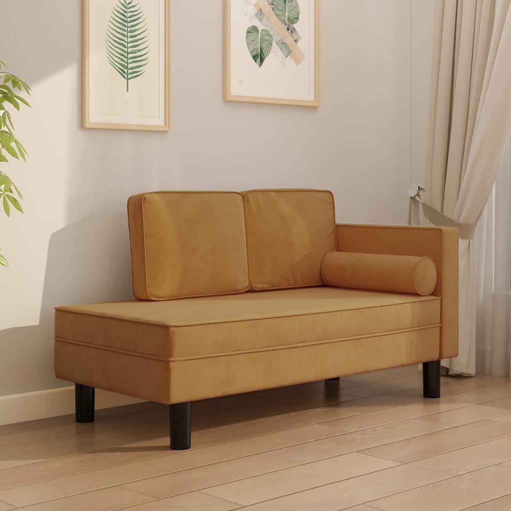 Chaiselongue mit Kissen und Nackenrolle Braun Samt