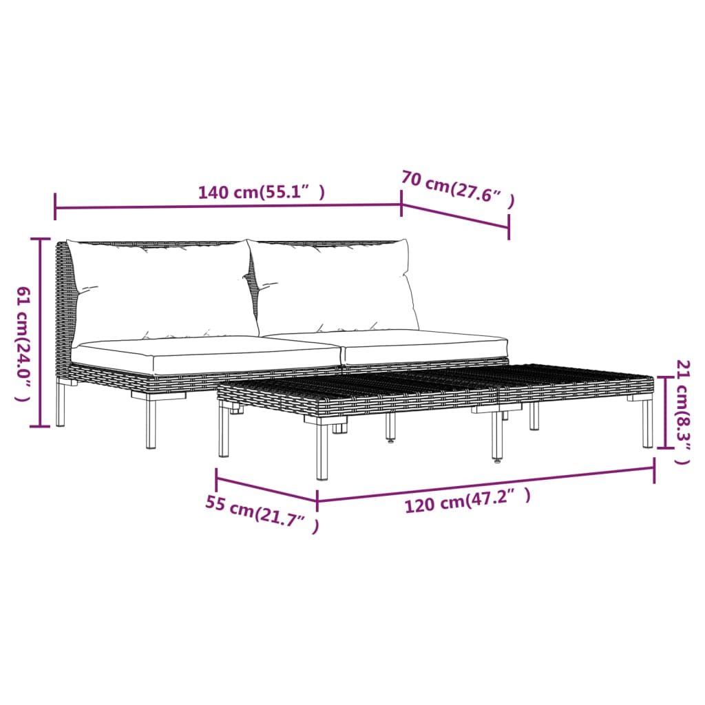 3-tlg. Garten-Lounge-Set Dunkelgrau Halbrundes Poly Rattan