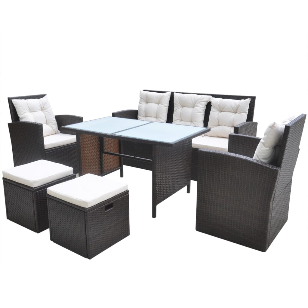 6-tlg. Garten-Essgruppe mit Kissen Poly Rattan Braun