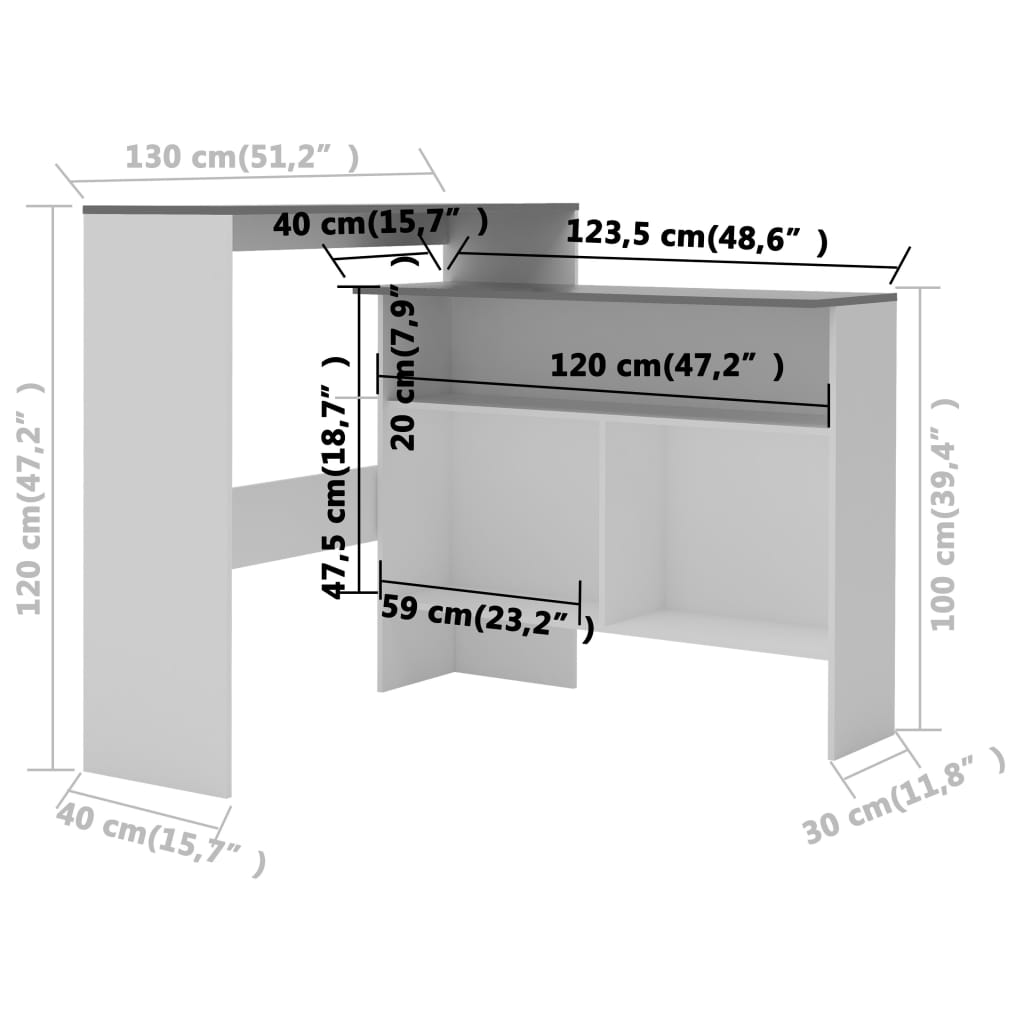 Bartisch mit 2 Tischplatten Weiß und Grau 130 x 40 x 120 cm