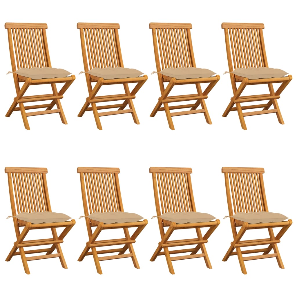 Gartenstühle mit Beigen Kissen 8 Stk. Massivholz Teak