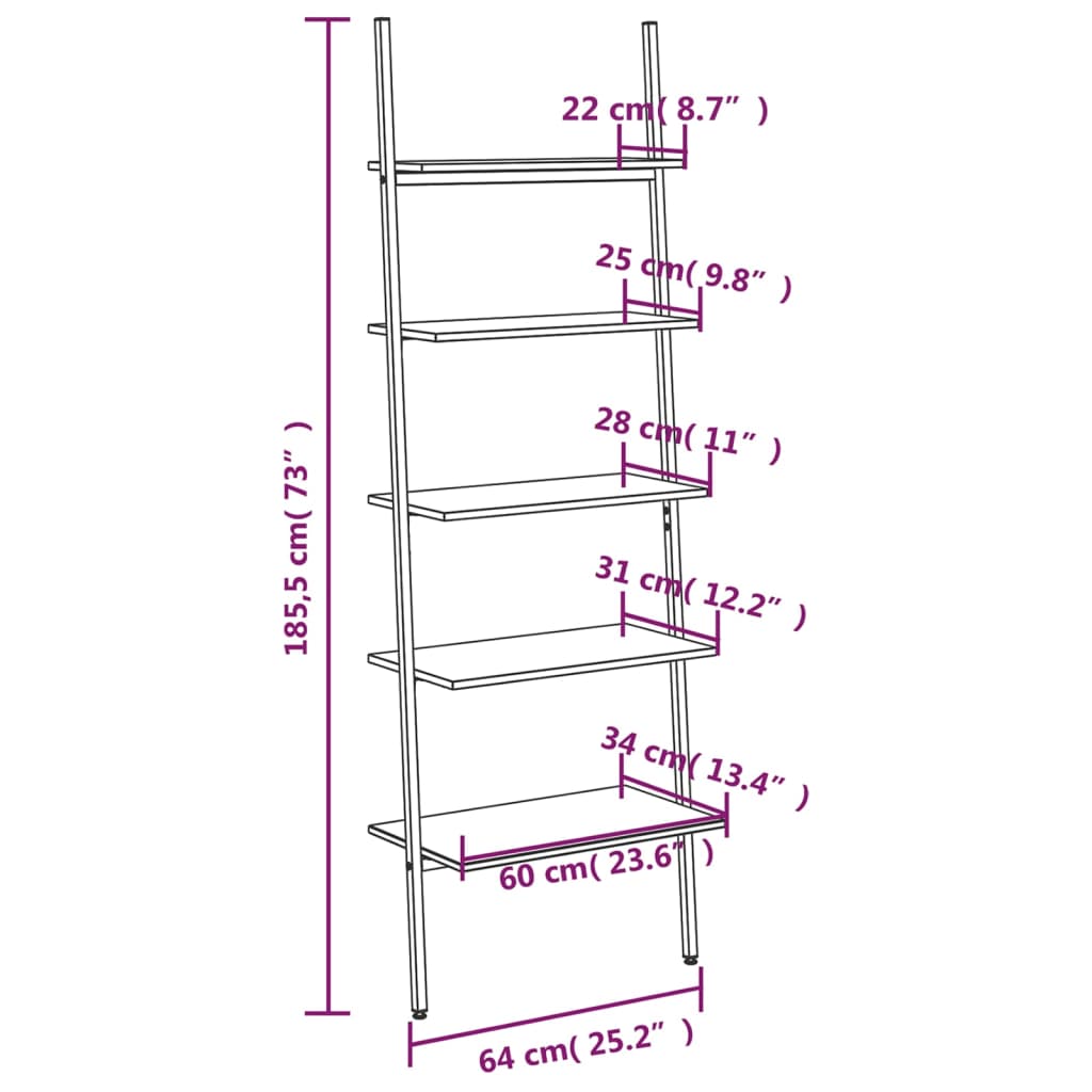 Leiterregal mit 5 Böden Hellbraun und Schwarz 64x34x185,5 cm