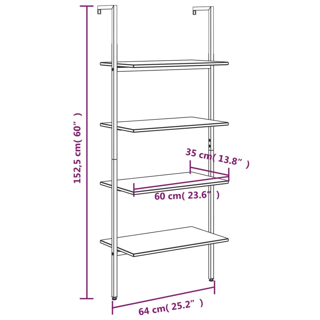 Leiterregal mit 4 Böden Hellbraun und Schwarz 64x35x152,5 cm