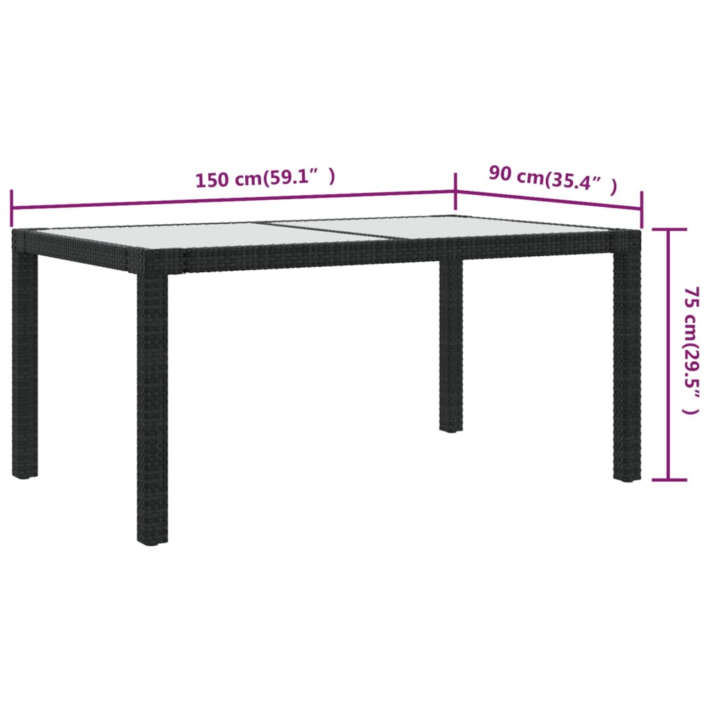 Gartentisch 150x90x75 cm Gehärtetes Glas Poly Rattan Schwarz