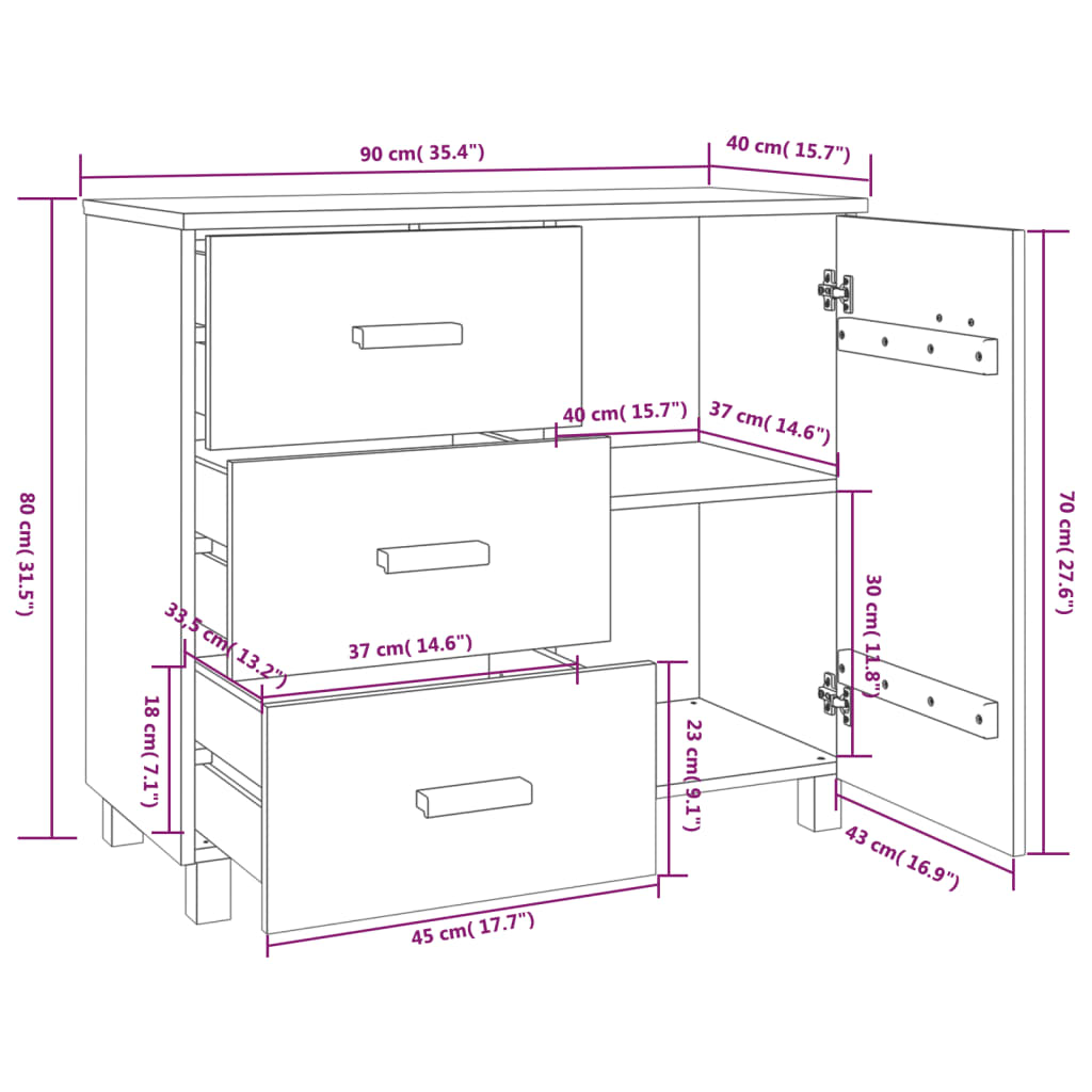 Sideboard HAMAR Weiß 90x40x80 cm Massivholz Kiefer